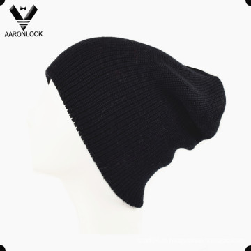 Simples inverno acrílico tricô preto beanie dupla camada